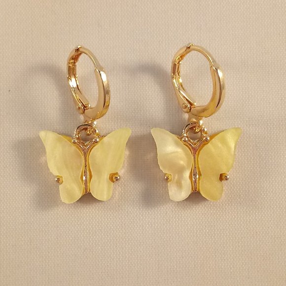 Gold Plated Yellow Opal Resin Butterfly Dangle Earrings 12mm Womens Party Gift - Picture 2 of 2